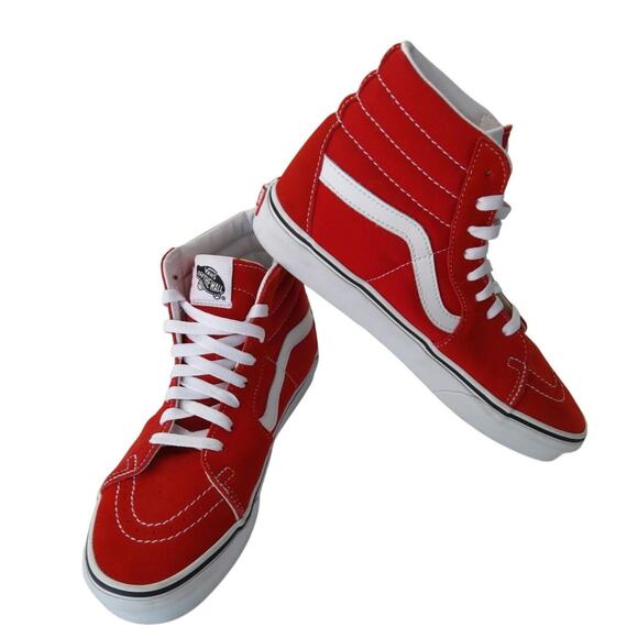 Unique Custom Vans SK8 Hi racing Red & White Retro Classic Canvas & Suede - Picture 1 of 12